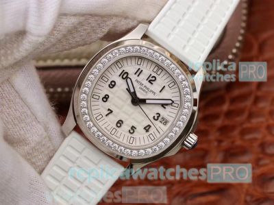 Knockoff Patek Philippe Aquanaut 5068 White Rubber Strap Diamond Bezel Watch 